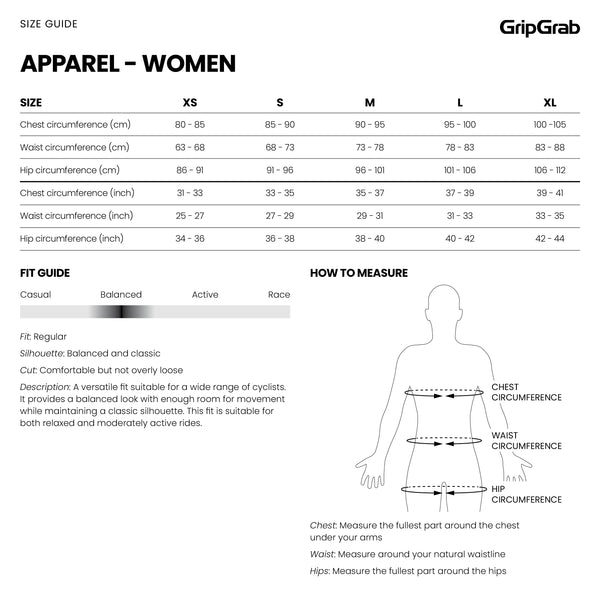 GripGrab Apparel Size Chart Tshirt Women